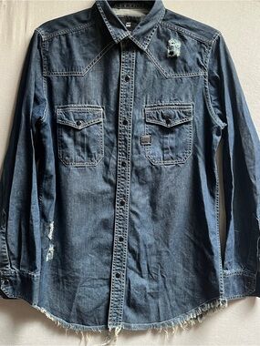 G-Star Raw Distressed Western Denim Pearl Snap Shirt Mens Medium M Frayed
